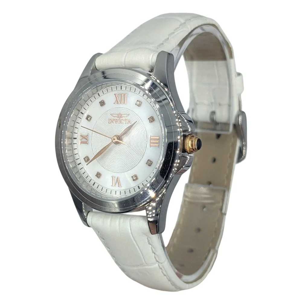 Invicta Angel Watch White 33mm Silver Rose Golden Diamond Leather Straps 12544